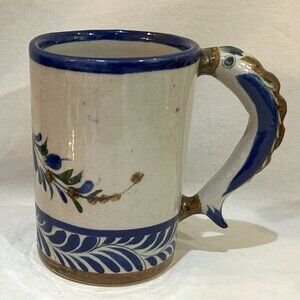 Mexican Tonala Pottery Mug Hand Painted Fish & Sculptured Fish Handle Signed
